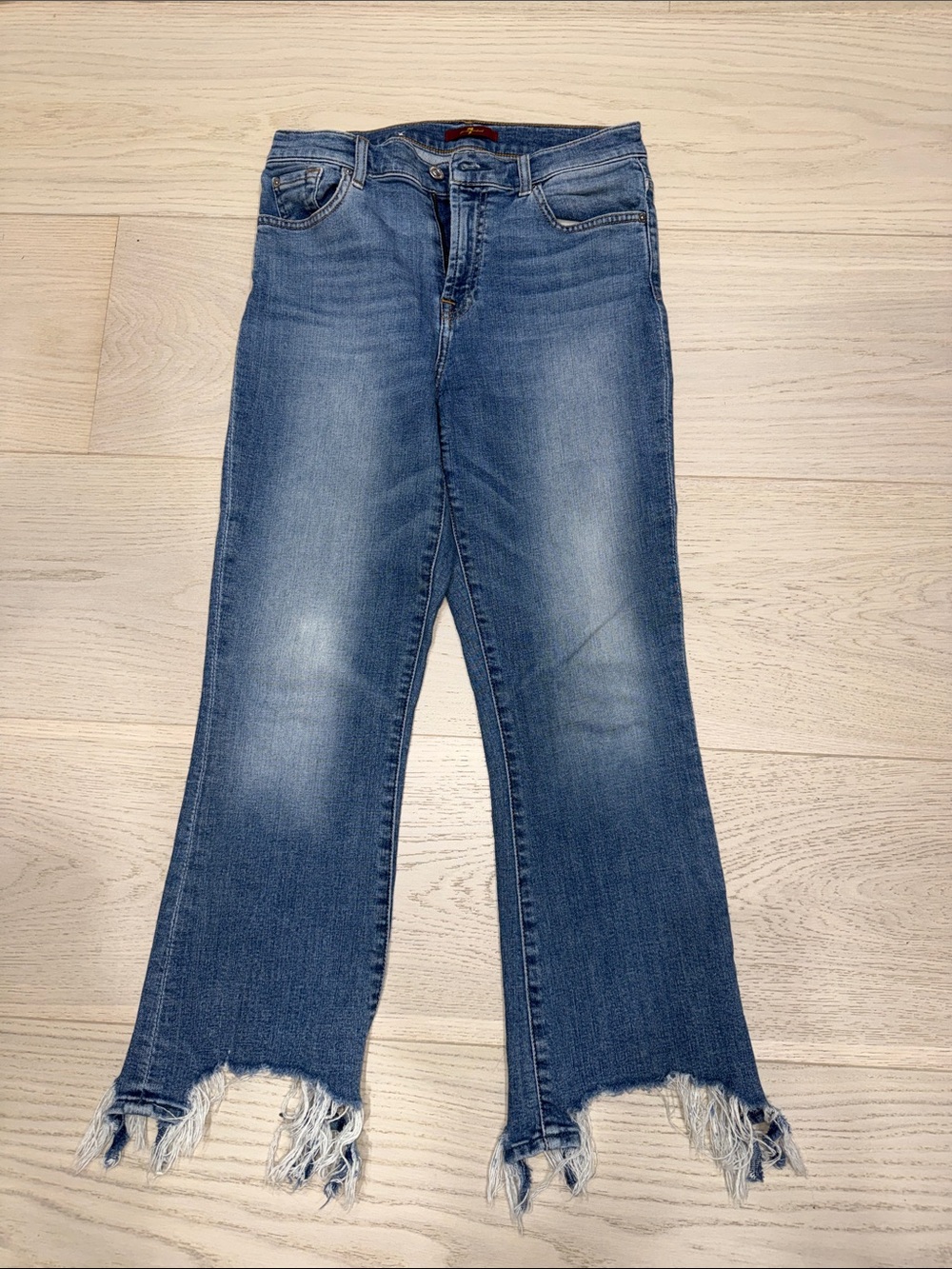 7 For All Mankind Distressed Frayed-Hem Wide Leg Jeans in Light Blue